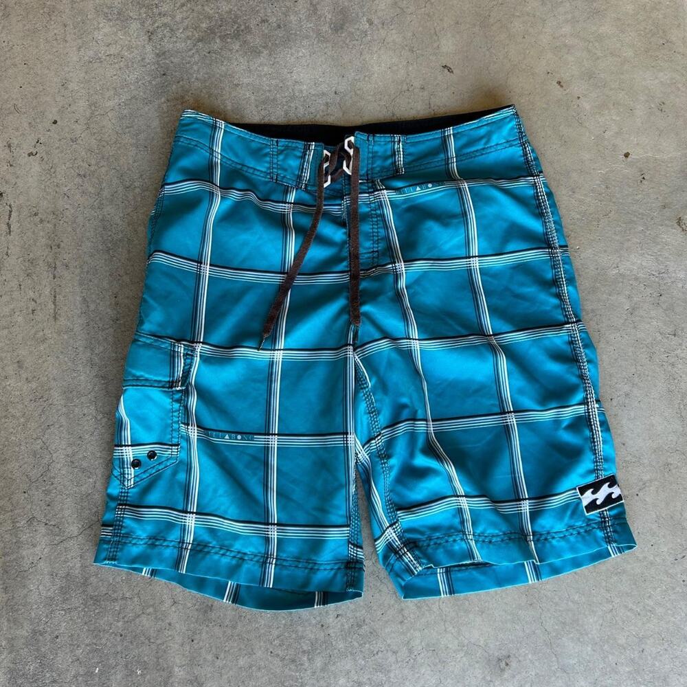 Vintage baggy grail plaid teal billabong board short swimsuit
